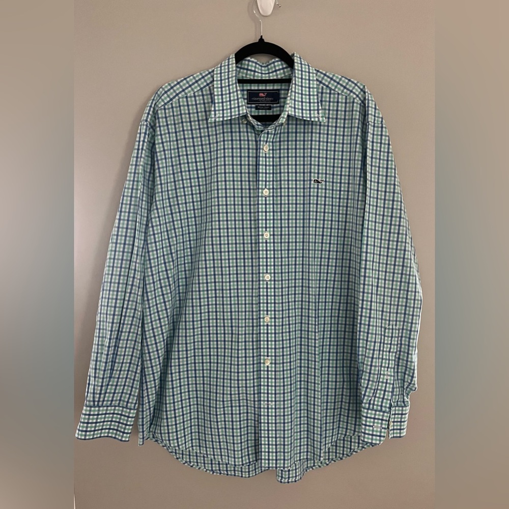 Vineyard Vines‎ Whale Shirt Blue Green Gingham Plaid Men’s L